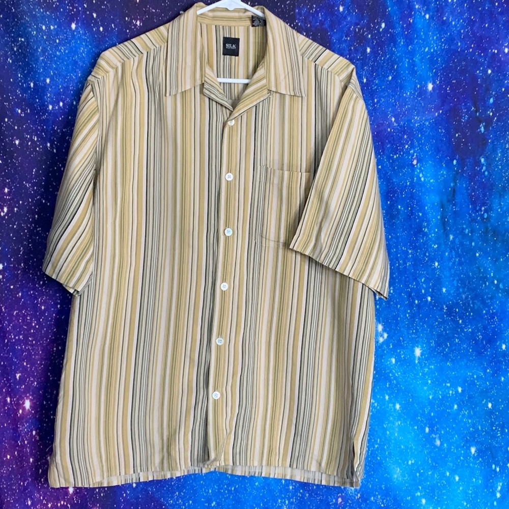 Silk- Yellow Striped Button Up Shirt size Medium